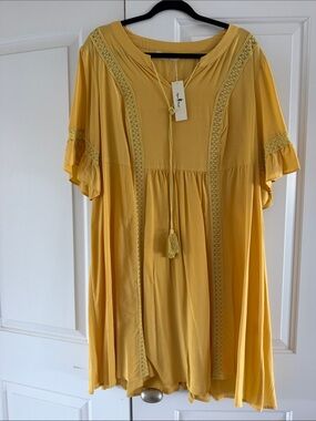 Flowy Yellow Boho Tunic Dress with Tassel Neck Tie